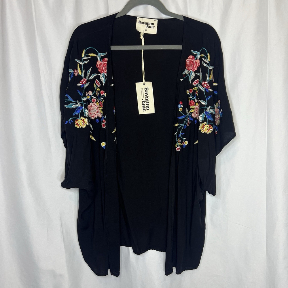 Savanna Jane Open Floral Embroidered Boho Cardigan Cover-Up M Black Festive
